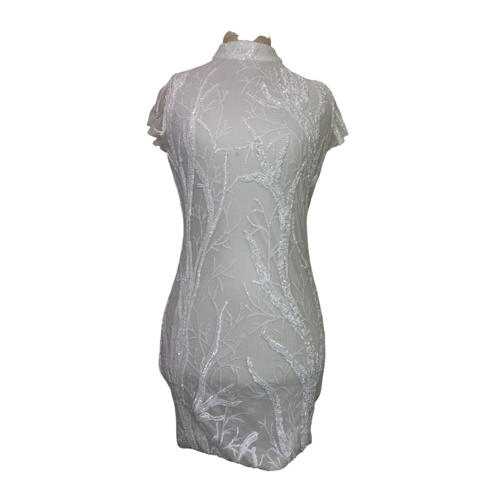 Banjul White Sequin Branch Mock Neck Mini Dress Large Party Bachelorette Bridal